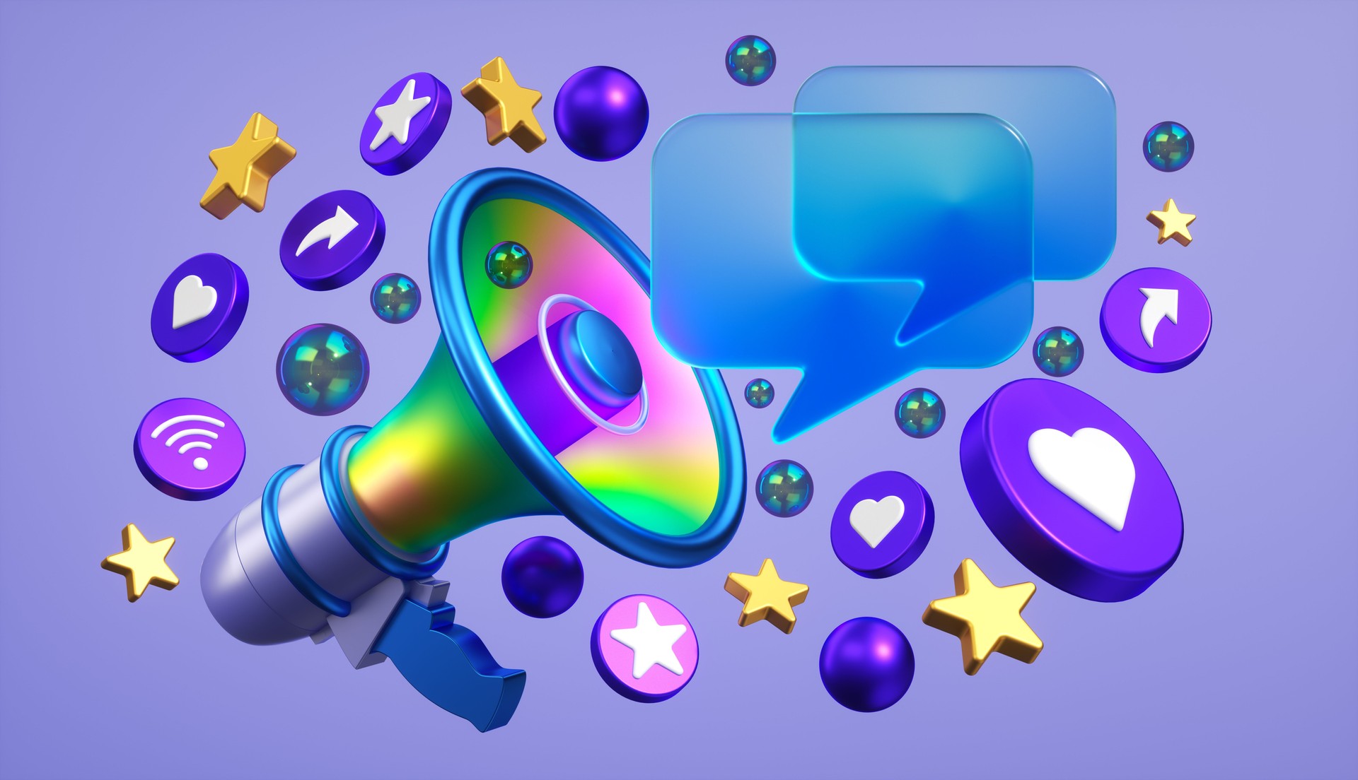 Colorful megaphone with social media icons, speech bubbles, and floating elements on a purple background. Digital marketing concept, dynamic composition - 3D render.